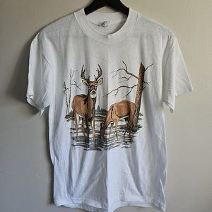 VTG Jack Matthews Collection Single Stitch Deer & Doe Large White Short Sleeve
